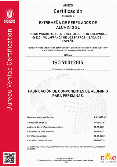 Certificado ISO9001:2008 de Calidad para Expalum, certificado por Bureau Veritas